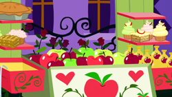 Size: 1280x720 | Tagged: safe, imported from derpibooru, screencap, the best night ever, apple, background, canterlot, cart, food, muffin, night, no pony, pie, scenic ponyville, window