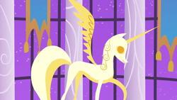 Size: 1280x720 | Tagged: safe, imported from derpibooru, screencap, princess celestia, season 1, the best night ever, background, banner, canterlot castle interior, column, liminal space, night, no pony, scenic ponyville, stars, statue, window