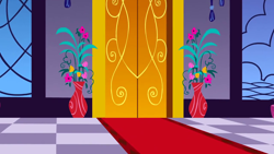 Size: 1280x720 | Tagged: safe, imported from derpibooru, screencap, season 1, the best night ever, background, canterlot, canterlot castle interior, carpet, checkered floor, door, flower, flower pot, no pony, scenic ponyville, stained glass