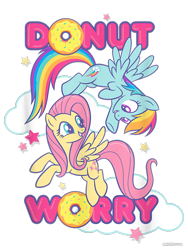 Size: 750x1000 | Tagged: safe, imported from derpibooru, fluttershy, rainbow dash, pegasus, pony, cloud, cropped, design, donut, duo, female, flying, food, g4, mare, merchandise, official, pun, shirt design, simple background, stars, text, transparent background