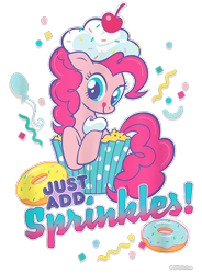 Size: 700x950 | Tagged: safe, imported from derpibooru, pinkie pie, earth pony, pony, balloon, cherry, confetti, cream, cropped, cupcake, design, donut, female, food, g4, mare, merchandise, official, shirt design, simple background, solo, sprinkles, text, transparent background