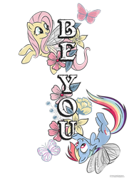 Size: 750x1000 | Tagged: safe, imported from derpibooru, fluttershy, rainbow dash, butterfly, pegasus, pony, cropped, design, duo, female, flower, flutterfly, g4, mare, merchandise, official, shirt design, simple background, text, transparent background