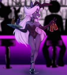 Size: 1808x2000 | Tagged: safe, artist:pixxpal, imported from derpibooru, oc, oc only, oc:lilac night, anthro, bat pony, alcohol, bar, bat pony oc, bat wings, bottle, breasts, bunny suit, clothes, female, high heels, leotard, mare, shoes, waitress, wings