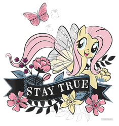 Size: 800x850 | Tagged: safe, imported from derpibooru, fluttershy, butterfly, pegasus, pony, butterfly wings, cropped, design, female, flower, flutterfly, g4, mare, merchandise, official, ribbon, shirt design, simple background, solo, text, transparent background, wings