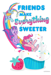 Size: 650x950 | Tagged: safe, imported from derpibooru, pinkie pie, rainbow dash, twilight sparkle, alicorn, earth pony, pegasus, pony, cropped, cupcake, design, female, food, g4, mare, merchandise, official, rainbow, shirt design, simple background, slide, sliding, sprinkles, strawberry, text, transparent background, trio, twilight sparkle (alicorn)