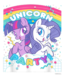 Size: 800x950 | Tagged: safe, imported from derpibooru, rarity, twilight sparkle, alicorn, pony, unicorn, confetti, cropped, design, duo, female, g4, mare, merchandise, official, rainbow, shirt design, simple background, text, transparent background, twilight sparkle (alicorn)