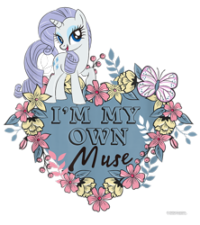 Size: 800x900 | Tagged: safe, imported from derpibooru, rarity, butterfly, pony, unicorn, cropped, design, female, flower, g4, leaves, mare, merchandise, official, shirt design, simple background, solo, text, transparent background