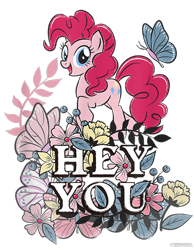 Size: 700x900 | Tagged: safe, imported from derpibooru, pinkie pie, butterfly, earth pony, pony, cropped, design, female, flower, g4, leaves, mare, merchandise, official, shirt design, simple background, solo, text, transparent background
