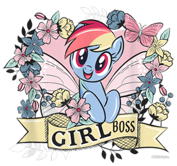 Size: 800x750 | Tagged: safe, imported from derpibooru, rainbow dash, butterfly, fairy, fairy pony, original species, pegasus, pony, cropped, design, fairy wings, female, flower, g4, leaves, mare, merchandise, official, ribbon, shirt design, simple background, solo, text, transparent background, wings
