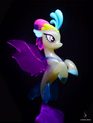 Size: 3680x4840 | Tagged: safe, artist:zidanemina, imported from derpibooru, queen novo, seapony (g4), my little pony: the movie, black background, collar, colored pupils, crown, dorsal fin, eyelashes, female, fin wings, fins, fish tail, flowing tail, jewelry, photo, purple eyes, purple mane, purple wings, regalia, signature, simple background, solo, tail, toy, wings