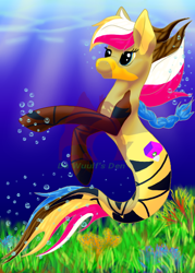 Size: 420x588 | Tagged: safe, artist:lee-annwuulf, imported from derpibooru, oc, oc only, seapony (g4), blue eyes, bubble, crepuscular rays, eyelashes, female, fish tail, flowing mane, flowing tail, multicolored hair, ocean, seaponified, seaweed, smiling, solo, species swap, sunlight, swimming, tail, underwater, water, watermark