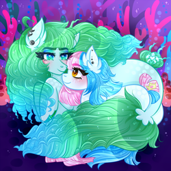 Size: 1000x1000 | Tagged: safe, artist:audra-hime, imported from derpibooru, oc, oc only, seapony (g4), blue eyes, blushing, bubble, dorsal fin, ear fluff, eyelashes, female, fish tail, flowing mane, flowing tail, green mane, lesbian, looking at each other, ocean, orange eyes, shipping, smiling, sparkles, tail, underwater, water, wingding eyes