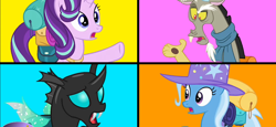 Size: 1560x720 | Tagged: safe, imported from derpibooru, discord, starlight glimmer, thorax, trixie, changeling, draconequus, pony, to where and back again, blue background, color palette, orange background, pink background, reformed four, simple background, yellow background, youtube link