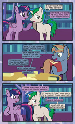 Size: 1920x3169 | Tagged: safe, artist:alexdti, imported from derpibooru, twilight sparkle, oc, oc:brainstorm (alexdti), oc:marco, oc:star logic, oc:umberto, alicorn, pony, unicorn, comic:quest for friendship, blushing, book, comic, horn, male, speech bubble, stallion, twilight sparkle (alicorn), unicorn oc