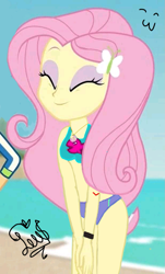 Size: 617x1024 | Tagged: safe, artist:flutteryaylove, edit, edited screencap, imported from derpibooru, screencap, applejack, fluttershy, equestria girls, equestria girls series, forgotten friendship, adorkable, alone, bikini, clothes, cute, dork, female, female focus, solo focus, swimsuit