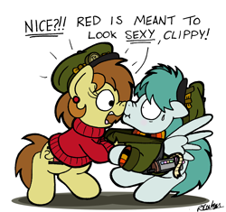 Size: 2200x2070 | Tagged: safe, artist:bobthedalek, imported from derpibooru, oc, oc only, oc:bubble pump, oc:clippy ticket, earth pony, pegasus, pony, blushing, boop, clothes, ear piercing, earring, hat, high res, jewelry, noseboop, piercing, subtle as a train wreck, sweat, sweatdrop, sweater