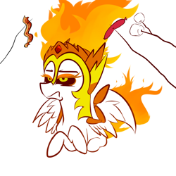Size: 900x900 | Tagged: safe, artist:vincentjiang0v0, imported from derpibooru, daybreaker, princess celestia, alicorn, pony, a royal problem, bacon, campfire, crossed arms, crossed hooves, daybreaker is not amused, fire, food, funny, funny as hell, grumpy, lying down, marshmallow, meat, mundane utility, prone, roasting, sausage, solo, spread wings, three quarter view, unamused, wings