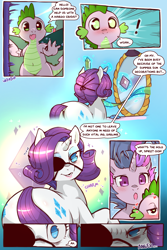 Size: 960x1440 | Tagged: safe, artist:cold-blooded-twilight, imported from derpibooru, rarity, spike, twilight sparkle, pony, unicorn, cold blooded twilight, comic:cold storm, :<, alternate design, angry, blushing, both cutie marks, carousel boutique, comic, crush, dock, eyepatch, fangs, from behind, frown, gemstones, glowing horn, heart eyes, horn, looking back, magic, messy mane, open mouth, ribbon, smiling, unicorn twilight, wide eyes, wide hips, wingding eyes