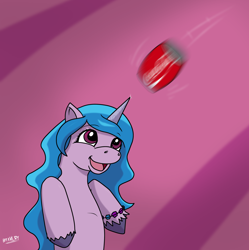 Size: 3732x3747 | Tagged: safe, artist:bravery, imported from derpibooru, izzy moonbow, pony, unicorn, coca-cola, g5, high res, horn, imminent explosion, izzy impaling things, sharp horn, simple background, solo, this will end in pain, this will not end well