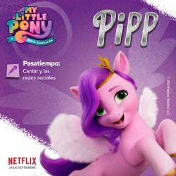 Size: 1080x1080 | Tagged: safe, imported from derpibooru, pipp petals, pegasus, pony, abstract background, adorapipp, cute, female, g5, mare, microphone, my little pony: a new generation, my little pony: a new generation logo, netflix, netflix logo, official, solo, spanish, text