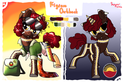 Size: 1725x1150 | Tagged: safe, artist:northernlightsone, imported from derpibooru, oc, oc only, oc:figjam outback, pony, unicorn, australia, bag, boomerang, boots, clothes, cork hat, ear piercing, earring, female, hat, jewelry, lip piercing, machete, mare, markings, necklace, piercing, raised hoof, raised leg, reference sheet, shirt, shoes, shorts, socks, solo, sunglasses, sunglasses on head, tanktop, tooth, unshorn fetlocks