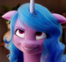 Size: 320x305 | Tagged: safe, imported from derpibooru, screencap, izzy moonbow, pony, unicorn, spoiler:my little pony: a new generation, 3d, cropped, female, g5, grin, looking up, mare, my little pony: a new generation, smiling, solo