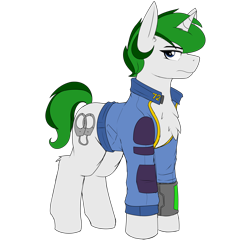 Size: 4000x4000 | Tagged: safe, artist:coatieyay, imported from derpibooru, oc, oc only, oc:baron, unicorn, fallout equestria, chest fluff, clothes, female, horn, jumpsuit, pipboy, simple background, transparent background, unicorn oc, vault suit