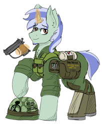 Size: 2162x2656 | Tagged: safe, artist:coatieyay, imported from derpibooru, oc, oc only, pony, unicorn, clothes, facial hair, gun, handgun, helmet, high res, male, pistol, simple background, soldier, transparent background, uniform, vietnam war, weapon