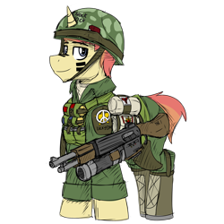 Size: 2300x2304 | Tagged: safe, artist:coatieyay, imported from derpibooru, oc, oc only, oc:lucky star, unicorn, boots, clothes, flak jacket, grenade launcher, gun, helmet, high res, male, military uniform, rifle, shoes, simple background, transparent background, uniform, vietnam war, weapon