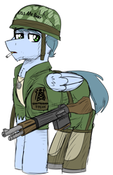 Size: 1701x2649 | Tagged: safe, artist:coatieyay, imported from derpibooru, oc, oc only, oc:high frequency, pegasus, cigarette, dog tags, gun, male, pegasus oc, rifle, simple background, transparent background, vietnam war, weapon, wings