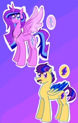 Size: 1788x2820 | Tagged: safe, artist:goldlines005, imported from derpibooru, oc, oc only, alicorn, pegasus, pony, alicorn oc, female, gradient background, horn, jewelry, male, mare, necklace, offspring, parent:flash sentry, parent:twilight sparkle, parents:flashlight, pegasus oc, smiling, stallion, two toned wings, wings