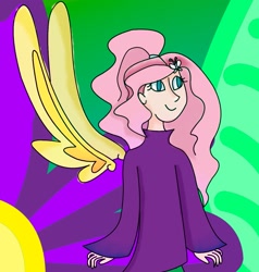 Size: 1353x1422 | Tagged: safe, artist:goldlines005, imported from derpibooru, fluttershy, human, clothes, eyelashes, female, humanized, smiling, solo, winged humanization, wings