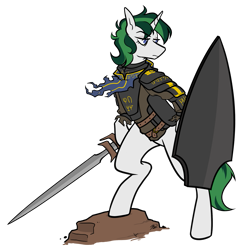 Size: 1159x1200 | Tagged: safe, artist:egophiliac, imported from derpibooru, oc, oc:baron, unicorn, armor, female, knight, shield, simple background, sword, transparent background, weapon