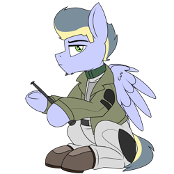 Size: 2000x2000 | Tagged: safe, artist:coatieyay, imported from derpibooru, oc, oc only, oc:argent strike, pegasus, baton, boots, chin fluff, clothes, coat, enclave, enclave uniform, high res, male, shoes, simple background, transparent background, uniform