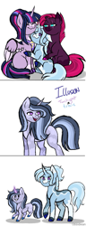 Size: 675x1754 | Tagged: safe, artist:obsidiean, imported from derpibooru, tempest shadow, trixie, twilight sparkle, oc, oc:illusion, alternate design, comic, female, filly, lesbian, magical lesbian spawn, no pupils, offspring, parent:trixie, parent:twilight sparkle, parents:twixie, polyamory, shipping, simple background, tempestlight, tempestrix, twixie, white background