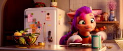 Size: 4096x1716 | Tagged: safe, imported from derpibooru, screencap, sunny starscout, earth pony, pony, spoiler:my little pony: a new generation, 3d, apple, book, can, food, g5, kitchen, my little pony: a new generation, refrigerator, solo