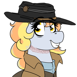 Size: 935x935 | Tagged: safe, artist:coatieyay, imported from derpibooru, oc, oc only, oc:dawn rain, pony, clothes, grey hair, grin, hat, jacket, scar, simple background, smiling, transparent background