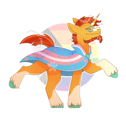 Size: 1280x1280 | Tagged: safe, artist:padfoottg, imported from derpibooru, sunburst, pony, unicorn, beard, blaze (coat marking), cloak, clothes, coat markings, eyes closed, facial hair, facial markings, floppy ears, glasses, goatee, horn, male, pride, pride flag, raised hoof, simple background, smiling, socks (coat markings), solo, stallion, sunburst's glasses, trans male, transgender, transgender pride flag, transparent background, unshorn fetlocks