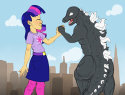 Size: 900x685 | Tagged: safe, artist:ukulelepineapplecat, imported from derpibooru, twilight sparkle, human, kaiju, pony, building, clothes, crossover, eyes closed, female, godzilla, godzilla (series), handshake, holding hands, humanized, macro, male, outdoors, skirt, smiling