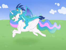 Size: 900x685 | Tagged: safe, artist:ukulelepineapplecat, imported from derpibooru, princess celestia, princess ember, alicorn, dragon, pony, cute, cutelestia, dragoness, dragons riding ponies, ember riding celestia, emberbetes, female, field, happy, mare, missing accessory, open mouth, outdoors, riding, running, smiling, wings