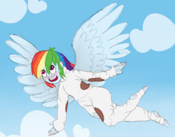 Size: 868x681 | Tagged: safe, artist:ukulelepineapplecat, imported from derpibooru, rainbow dash, human, equestria girls, clothes, cloud, feet, female, flying, humanized, outdoors, smiling, solo, winged humanization, wings