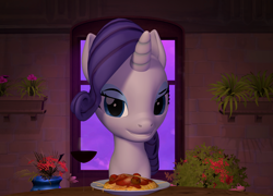 Size: 1500x1080 | Tagged: safe, artist:aleshi, imported from derpibooru, rarity, pony, unicorn, 3d, dinner, drink, food, grin, looking at you, romantic, smiling, solo, source filmmaker