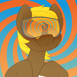 Size: 1200x1200 | Tagged: safe, artist:2k.bugbytes, imported from ponybooru, oc, oc only, oc:acres, earth pony, blonde, blonde mane, blushing, brown coat, bust, coat markings, earth pony oc, fetish, hypnogear, hypnosis, hypnosis fetish, hypnotized, male, simple background, smiling, solo, stallion, swirly eyes