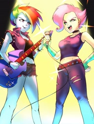 Size: 2465x3240 | Tagged: safe, artist:amazingpuffhair, imported from derpibooru, fluttershy, rainbow dash, equestria girls, equestria girls series, rollercoaster of friendship, choker, chokershy, clothes, commission, ear piercing, earring, flutterpunk, guitar, high res, jeans, jewelry, leather vest, microphone, midriff, musical instrument, pants, piercing, shirt, shorts, wristband