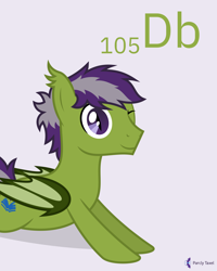 Size: 4000x5000 | Tagged: safe, artist:parclytaxel, imported from derpibooru, oc, oc only, oc:grey seeking dusk, bat pony, pony, series:joycall6's periodic table, .svg available, absurd resolution, blue background, chemistry, dubnium, looking at you, lying down, male, one eye closed, periodic table, prone, simple background, slit pupils, smiling, solo, stallion, vector, wink