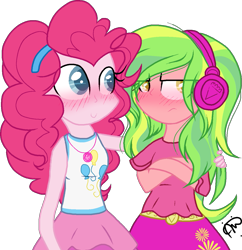 Size: 1205x1247 | Tagged: safe, artist:gallantserver, imported from derpibooru, lemon zest, pinkie pie, equestria girls, blushing, clothes, female, headphones, lemonpie, lesbian, shipping, simple background, transparent background