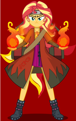 Size: 1360x2160 | Tagged: safe, artist:jcpreactyt, imported from derpibooru, sunset shimmer, equestria girls, cape, clothes, fiery shimmer, fire, fireball, headband, naruto, naruto shippuden, ninja, outfit, protector, scroll, serious, sunset shimmer day