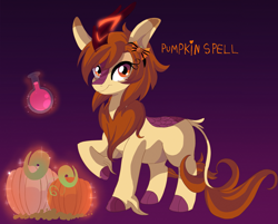 Size: 3379x2714 | Tagged: safe, artist:spookyle, imported from derpibooru, oc, oc only, oc:pumpkin spell, kirin, female, high res, kirin oc, levitation, looking at you, magic, mare, potion, pumpkin, raised hoof, smiling, solo, telekinesis