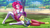 Size: 3116x1723 | Tagged: safe, artist:mauroz, imported from derpibooru, lily pad (equestria girls), pinkie pie, human, equestria girls, equestria girls series, absurd file size, anime, barefoot, barefooting, breasts, busty pinkie pie, clothes, feet, head on lap, jungle gym, lily pad (g4), lilypie, looking at you, missing shoes, park, peace sign, playground, schrödinger's pantsu, skirt, stocking feet, tablet, tongue out, tree, upskirt denied