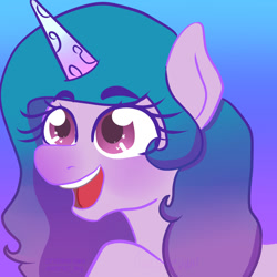 Size: 1080x1080 | Tagged: safe, artist:darez_mg, imported from derpibooru, izzy moonbow, pony, unicorn, cute, female, g5, gradient background, izzybetes, mare, open mouth, solo